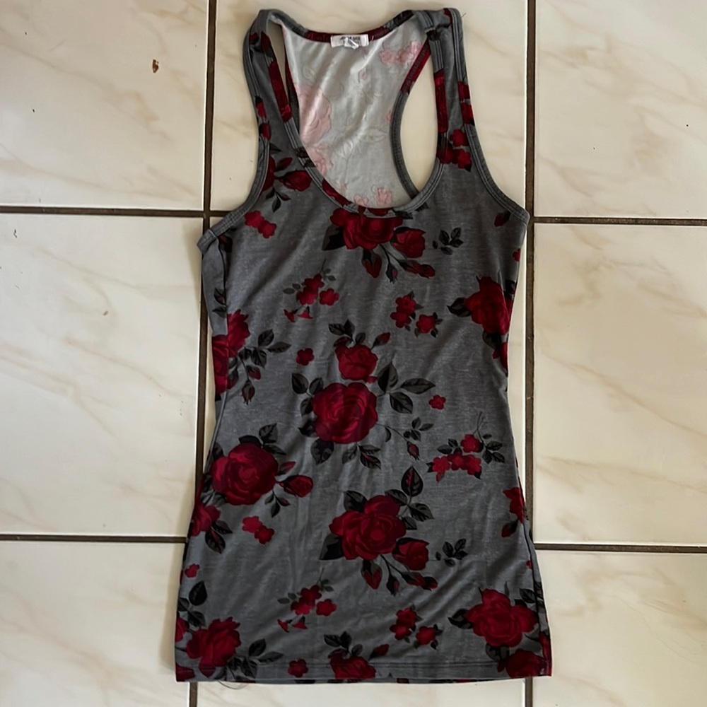 Women's Gray Grey Tank Top Rose Floral Red XS Soft Shirt Ardene